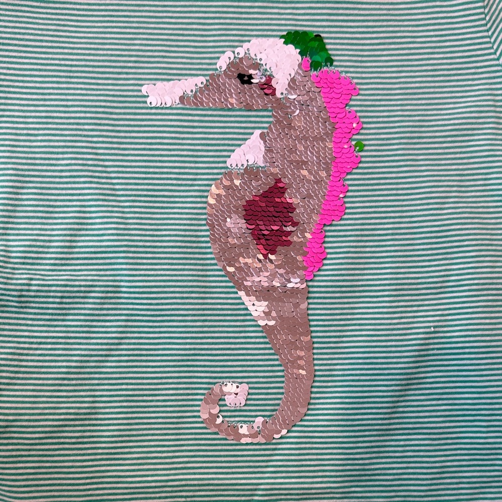 Joules Mint Green Striped Short Sleeve Girls Tee with Sequin Seahorse size 7 - Picture 3 of 8